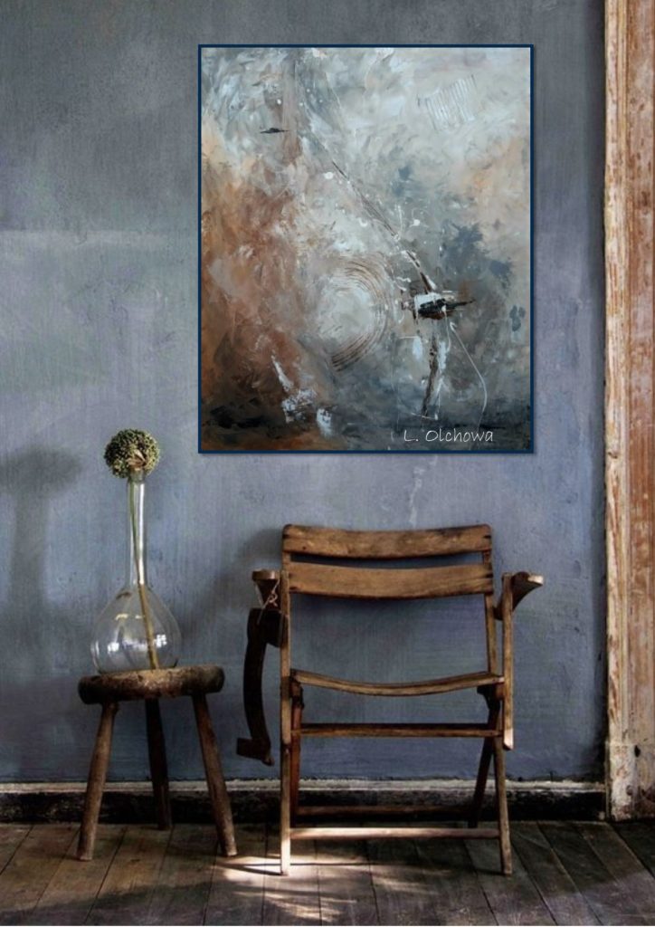 Gemälde im Wohnzimmer mit grauen und braunen Farben