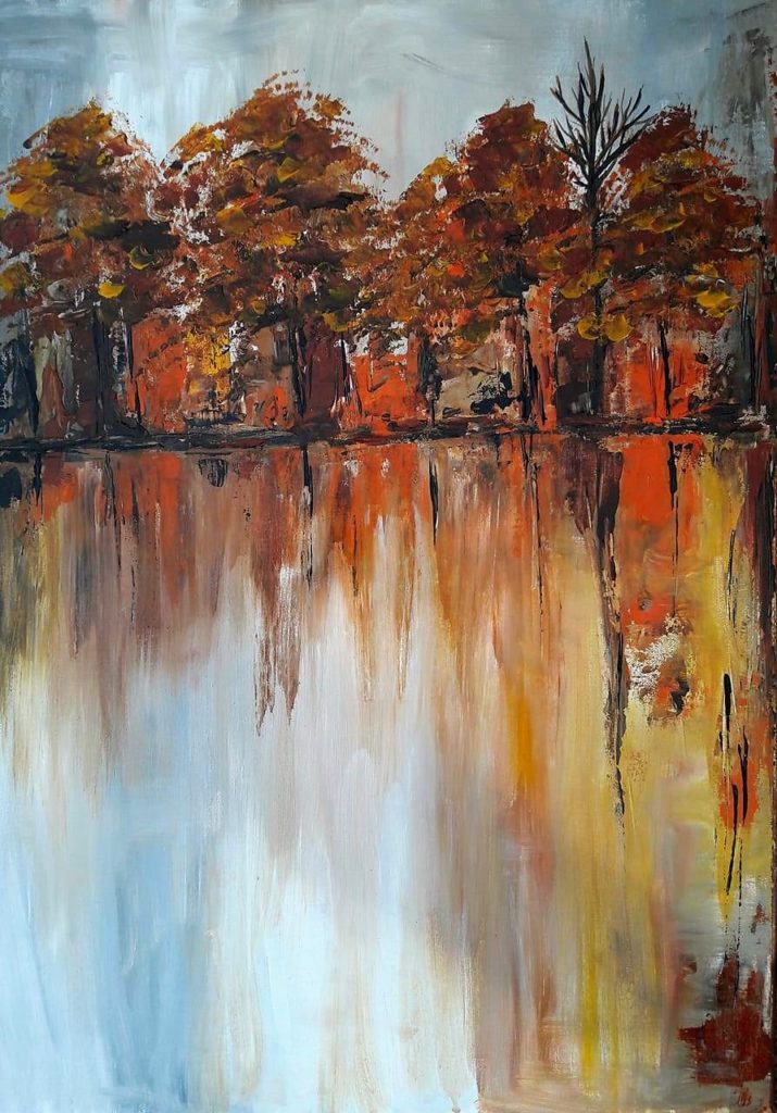 Gemälde mit schwarzen, gelben, roten, orangen, weißen, grauen Farben
